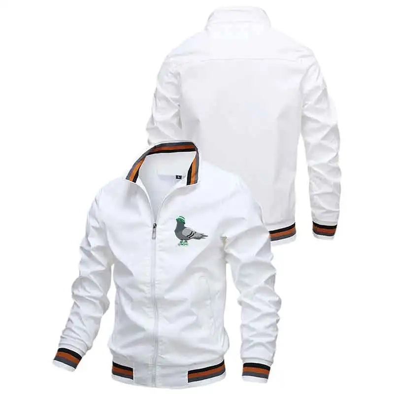 

Весенне-осенняя мужская полосатая куртка с воротником-стойкой, серая повседневная спортивная одежда с принтом голубя, уличное ветрозащитное тонкое пальто без капюшона