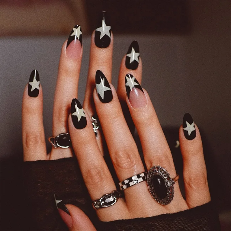 

24Pcs Mid-length French Almond Fake Nail with White Star Design Press on Nails Tips Art Simple Datachable Full Cover False Nails