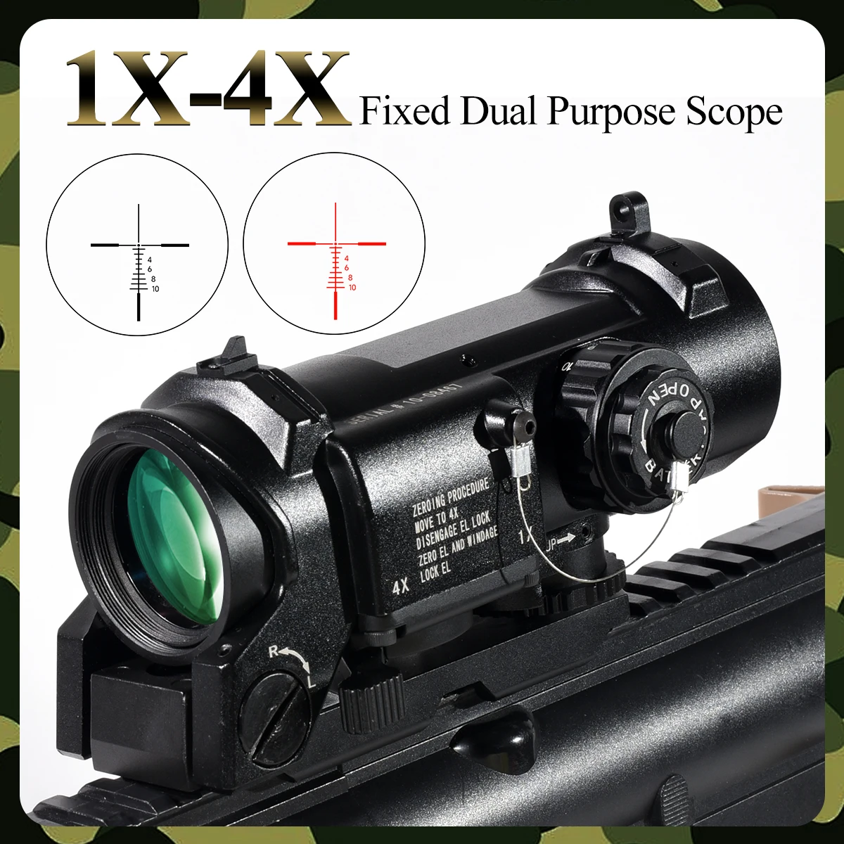 1x-4x Optics Magnifier Fixed Dual Purpose Rifle Scope with Red Illuminated Reticle Tactical Rifle Airsoft Sight Quick Detachable