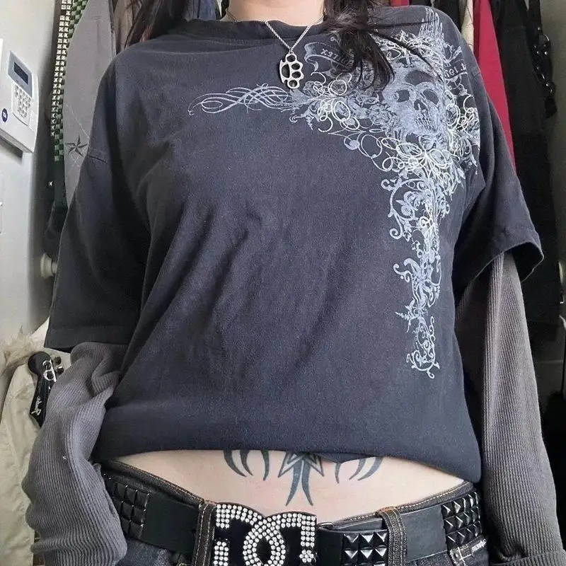 Retro Harajuku Sle Women's Cross Print T-irt Y2K Cyber Unge 00s Vintage aphic Tee ex Faion Ladies' Top