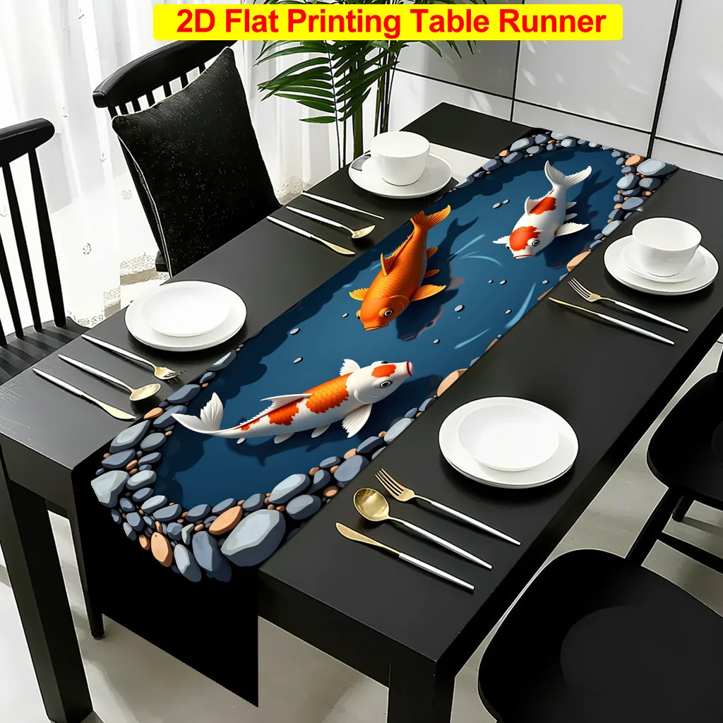 1pc 2D Table Runner, Koi Pond with Surrounding Stones Rectangular Polyester Table Runner, Soft Durable, Easy Care