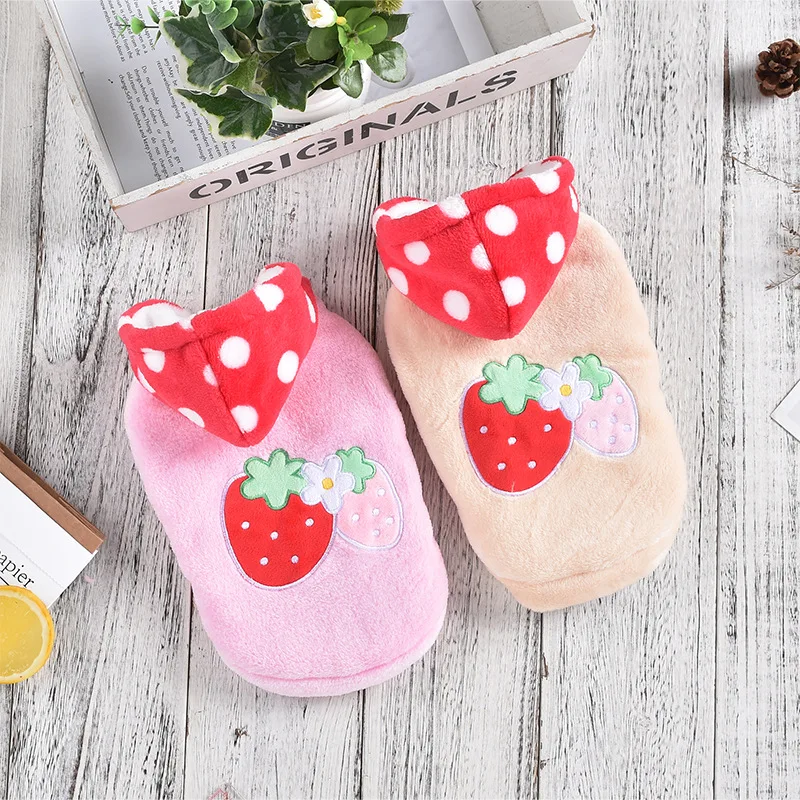 Pet Strawberry with Hat Two Feet Autumn Winter Coat Small and Medium-sized Dog Teddy Dog Plush Hooded Sweatshirt Dog Clothes