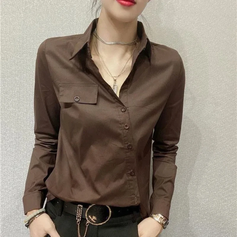 Office Lady Slim Simplicity Blouse Spring Autumn New Long Sleeve Polo Neck Asymmetrical Shirt Tops Vintage Elegant Women Clothes