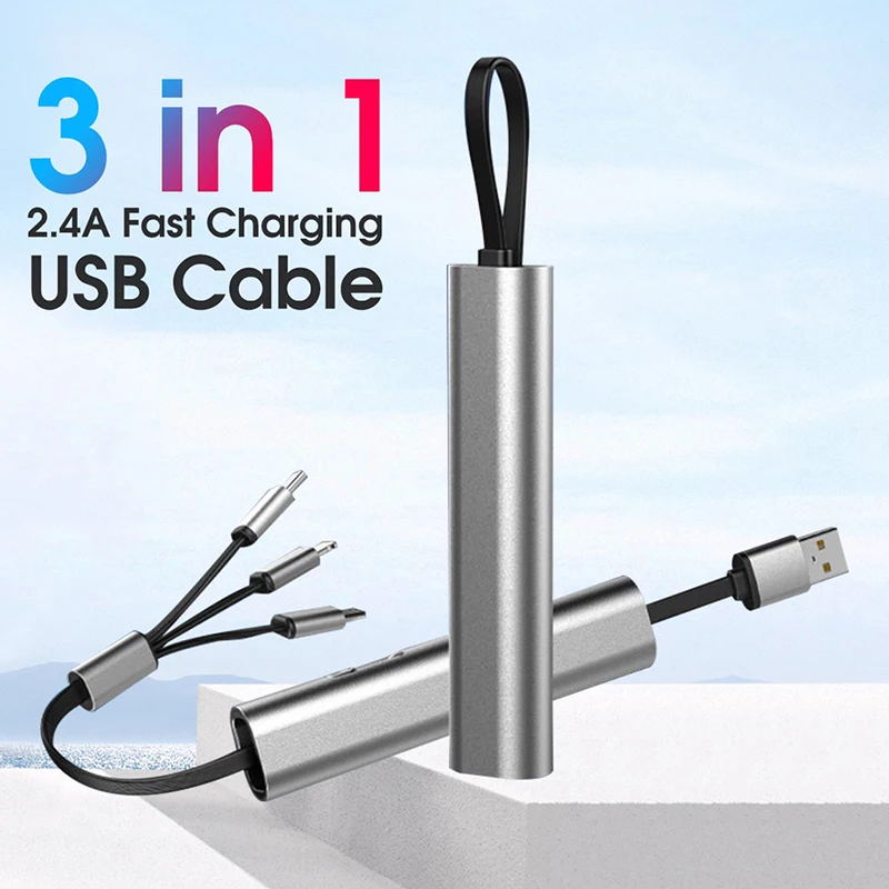 كابل USB معدني 3 في 1 للشحن السريع لهاتف iPhone وسامسونج وهواوي كابل شاحن مايكرو USB C مخفي متعدد قابل للسحب هدايا إبداعية