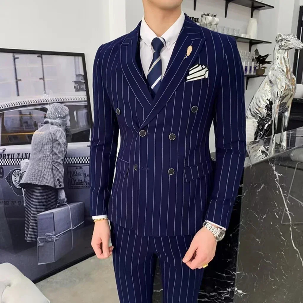 Formal Men\'s Striped Suit Two-Piece Blazer Vest Pants Set Slim Fit Classic Tuxedo Set for Wedding Party Business