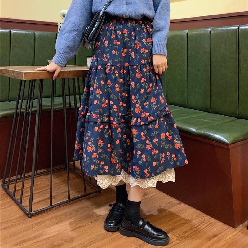 

Gidyq Fashion Women Floral Skirt Casual Korean All Match Lace Midi Skirts Y2K Elegant Female High Waist A Line Skirts Spring New