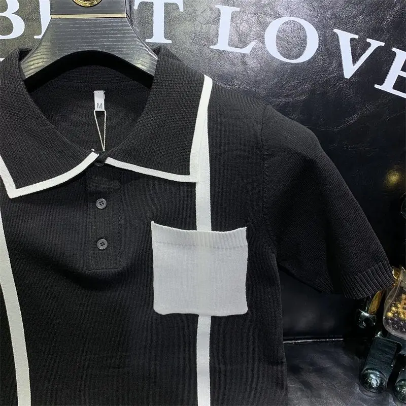 محبوك قميص بولو بأكمام قصيرة للرجال موضة الاتجاه الشباب وسيم تنوعا عادية التلبيب تي شيرت العصرية