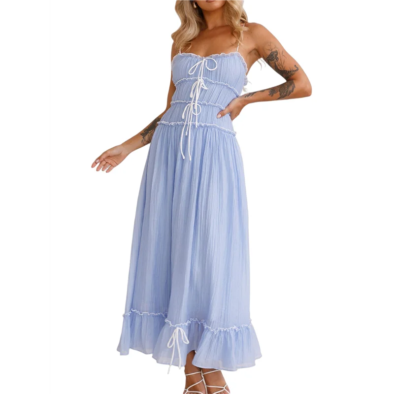 ใหม่-สตรี 2025 ฤดูร้อนชุดลําลองสปาเก็ตตี้ RIC Rac Trim Smocked Ruffle Beach Long Maxi ชุด