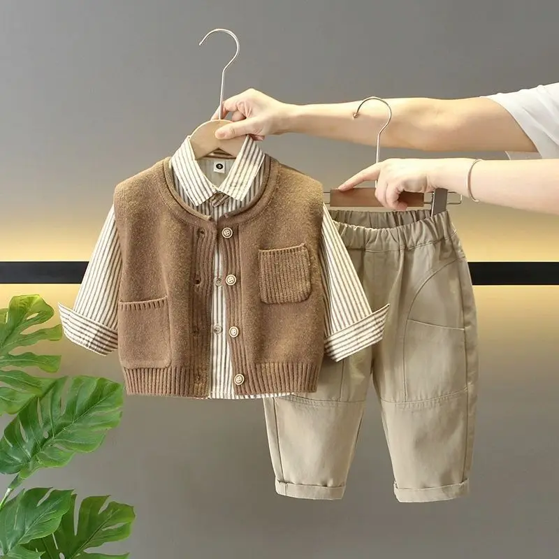 Boys' Autumn Outfit 2026 New Children's Sweater Vest Shirt Pants Three Piece Set