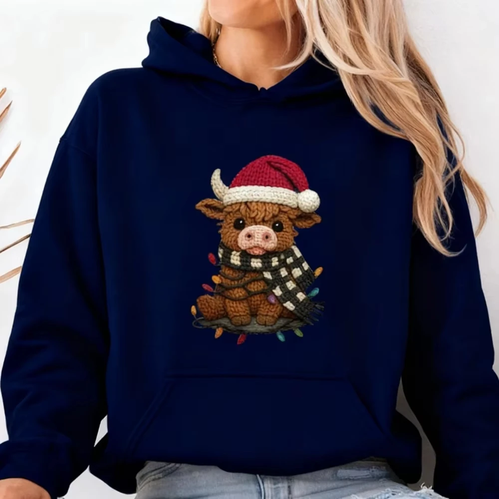 Herbst-Winter-Unisex-Kapuzenpullover mit Weihnachtsmotiv, süßer Highland-Kuh-Weihnachtsfest-Print, Pullover-Hoodie, festliche Langarm-Oberteile – Detail 13