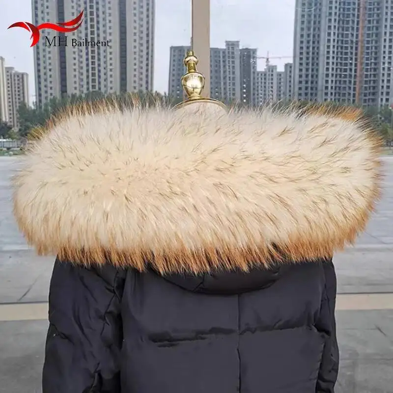 

Luxury Winter 100% Real Raccoon Fur Collar Women Neck Warm Furry Fur Scarves Female Long Coat Hood Straight Collar Large Shawls