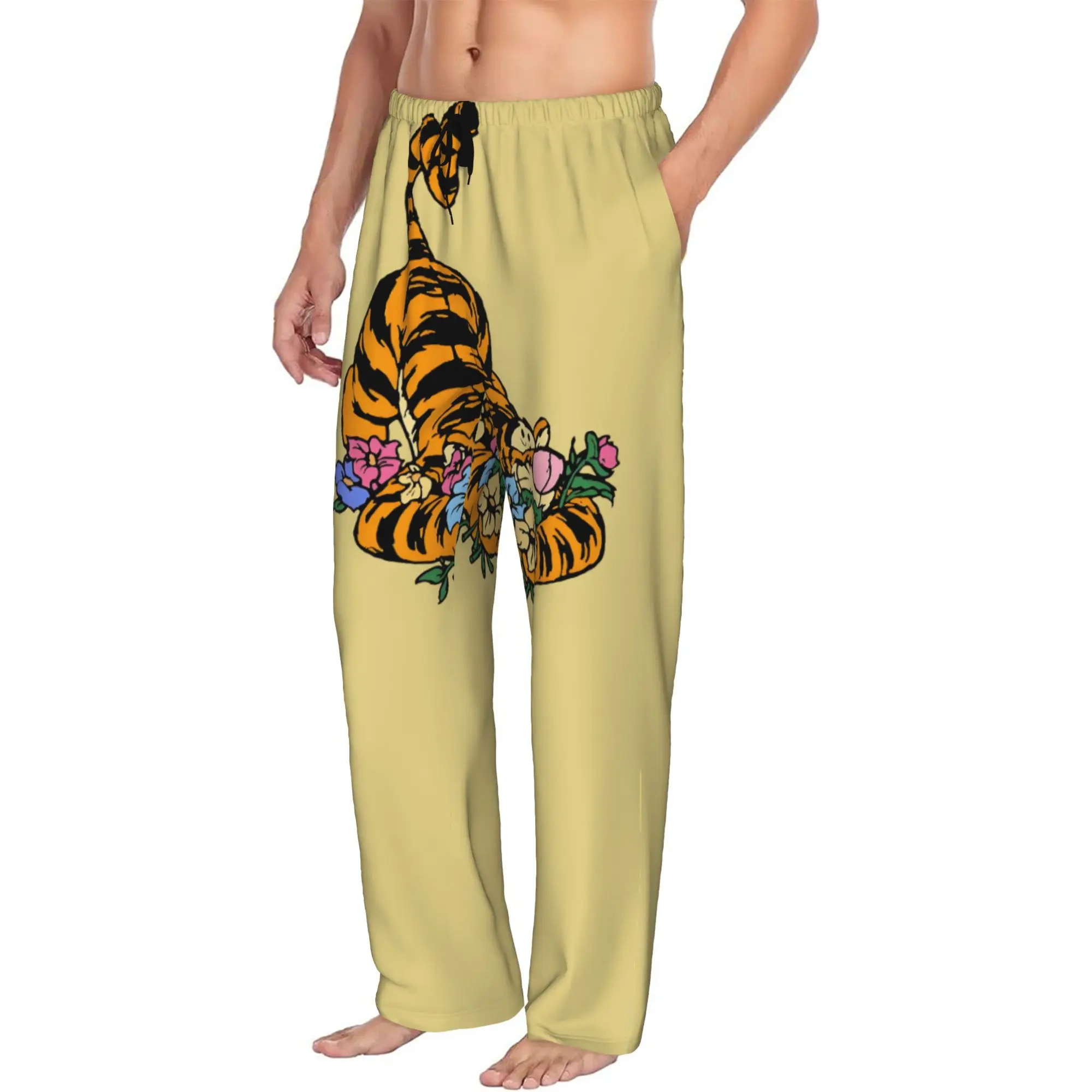 Custom Printed Men My Friends Cartoon T-Tigger Pooh Pajama Pants  Sleepwear Sleep Lounge Bottoms with Pockets
