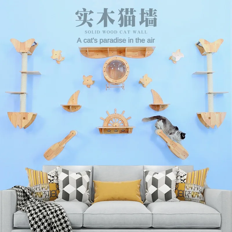 Solid Wood Cat Wall Climbing Frame DIY Hanging Space Capsule Cat Nest Jumping Platform Claw Pillar Villa Pet Accessories