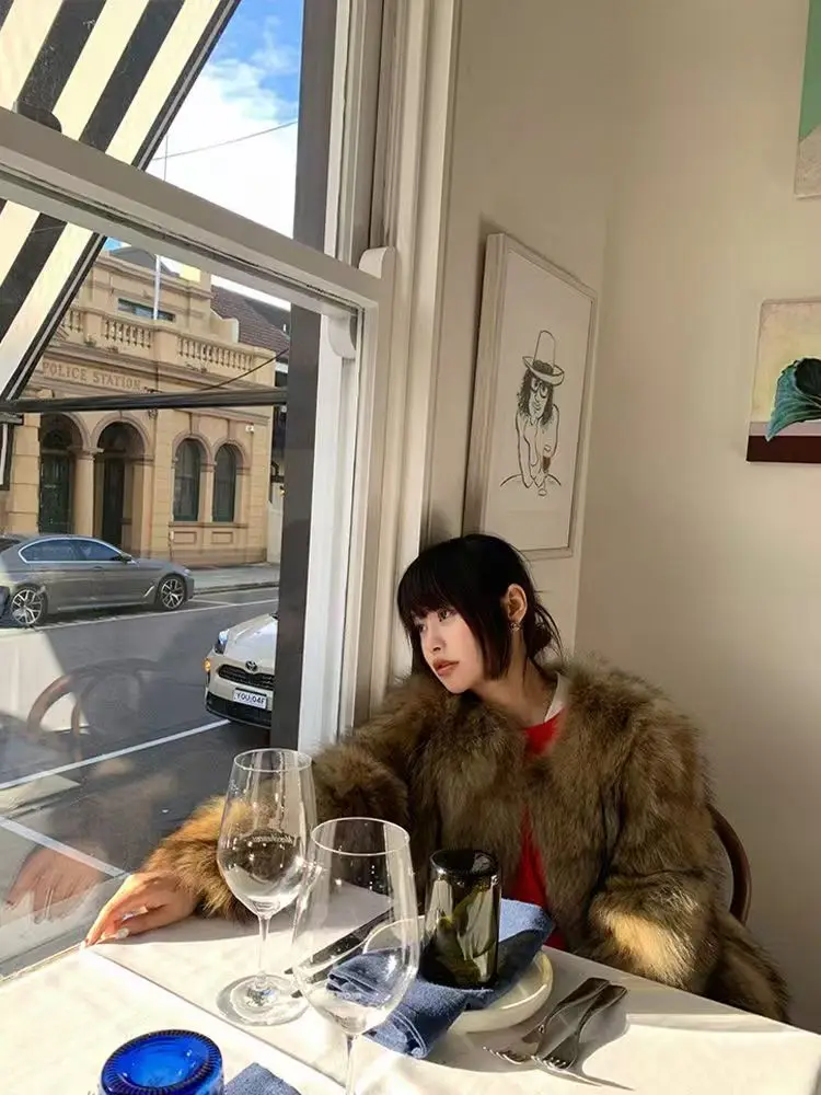 인조 모피 그린 코트 여성용 오버코트 스탠드업 스노우 걸 스트리트웨어 접이식 양면 스냅 여성용 사이드 스트리트 체크무늬 에모 트렌드