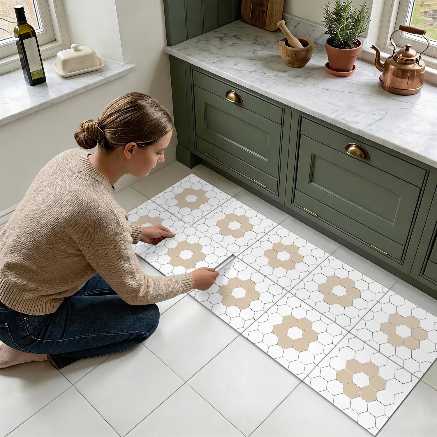 

Modern Hexagon Floor Decals, Upgraded Thickening Self-Adhesive Tile Stickers for Kitchen Bathroom Living Room Decor