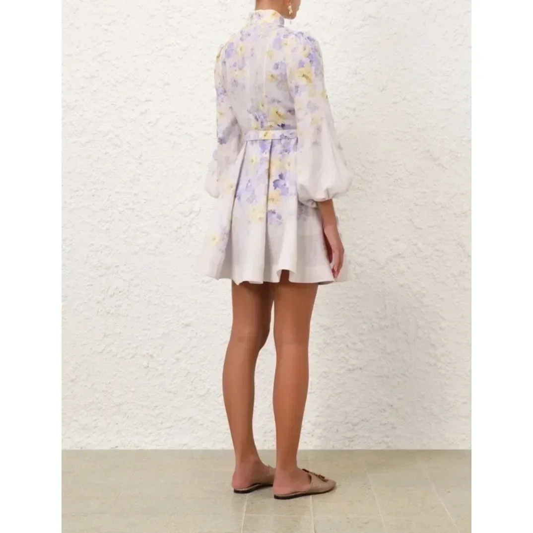 2024 New Autumn Linen Light Purple Violet Yellow Floral Print Long Sleeve Mini Dress for Women