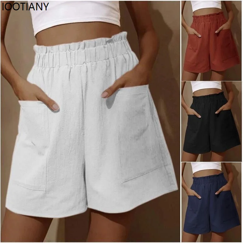 

Elegant Summer Loose Shorts Fashion Women Solid High Waist Large Two Pocket Wide Leg Pant Casual Office Lady Commute Trousers