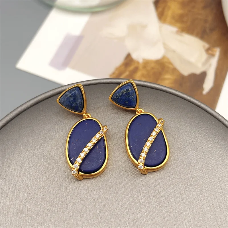 European And American Retro Inlaid Lapis Lazuli Zircon Drop Earrings Foeuropr Women Elegant Personality Fashion Earrings Jewelry