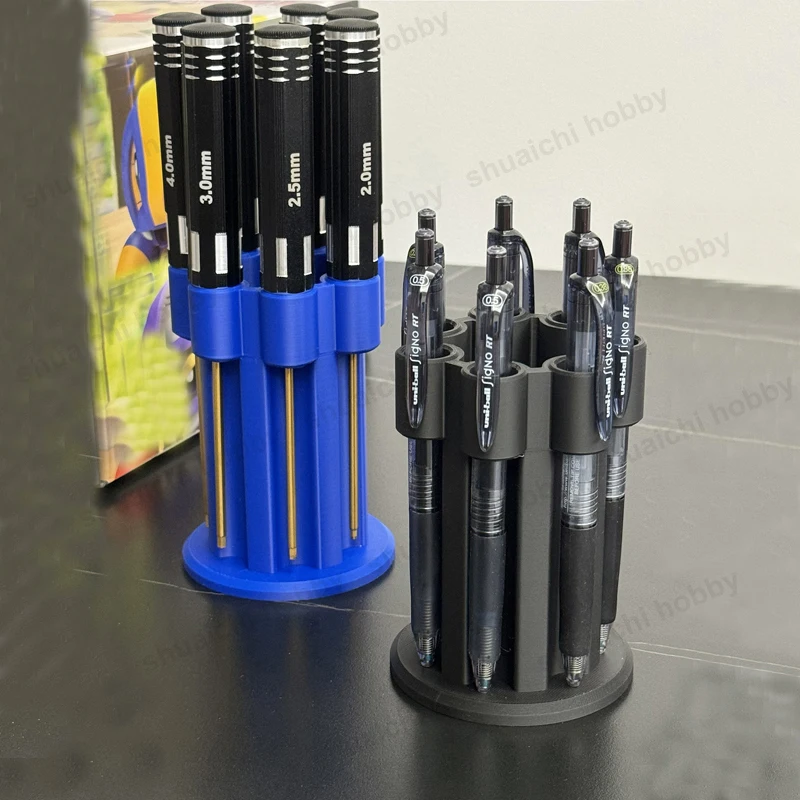 1 SZT. Drukowany w 3D organizer na śrubokręty PLA, wysokość 109 mm, czarny/niebieski, uniwersalny stojak na narzędzia naprawcze do modeli RC, samochodów i dronów