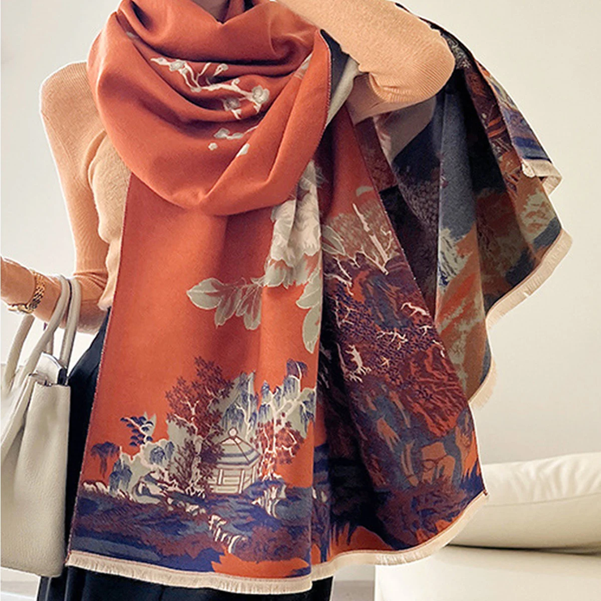 Women's Winter Soft and Elegant Double-sided Printed Air-conditioning Shawl Thick Warm Versatile Long Scarf Travel Weeding Gift