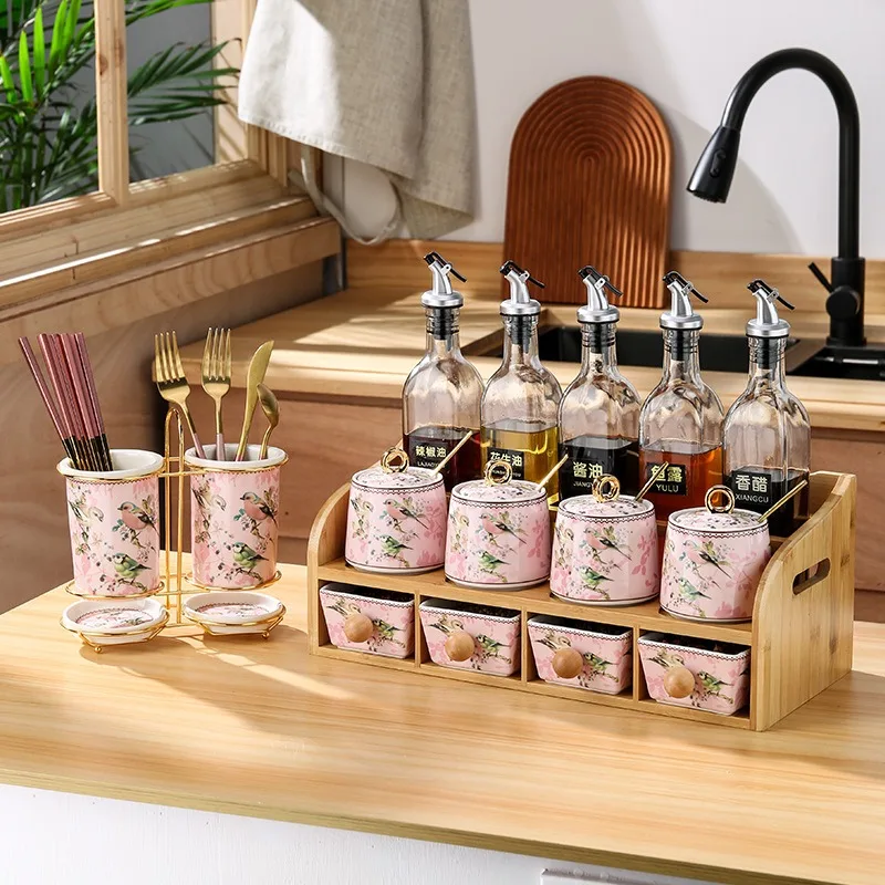 Meidao idyllic European ceramic seasoning tank kitchen seasoning products oil, salt, sauce and vinegar full set of chili