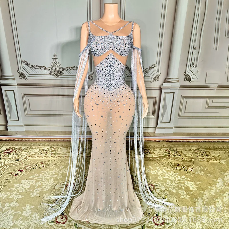 Heldere Kwastje Sexy Nep Vlees Temperament Jurk Banket Gastheer Prestaties Kleding Model Catwalk Trendy Kleding Galajurken Luxe