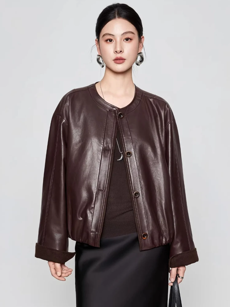 

O-neck Short Genuine Leather Jackets for Women Spring Autumn High-end Simple Vintage Loose Soft Oil Wax Real Sheepskin Coat