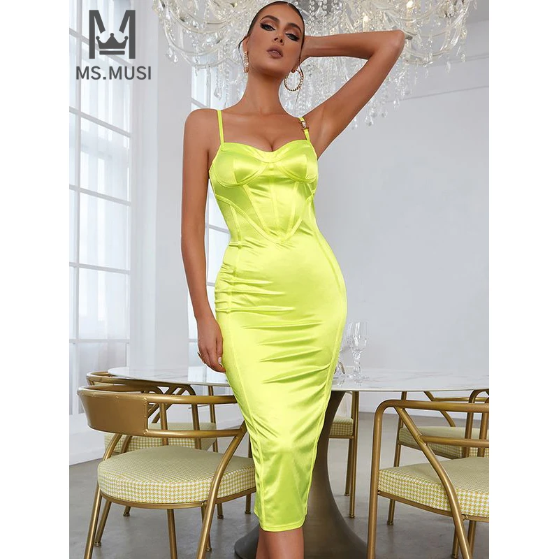 

MSMUSI 2024 New Fashion Women Sexy Solid Strap Stripe Slit Sleeveless Backless Bodycon Party Club Event Slim Midi Dress Vestidos