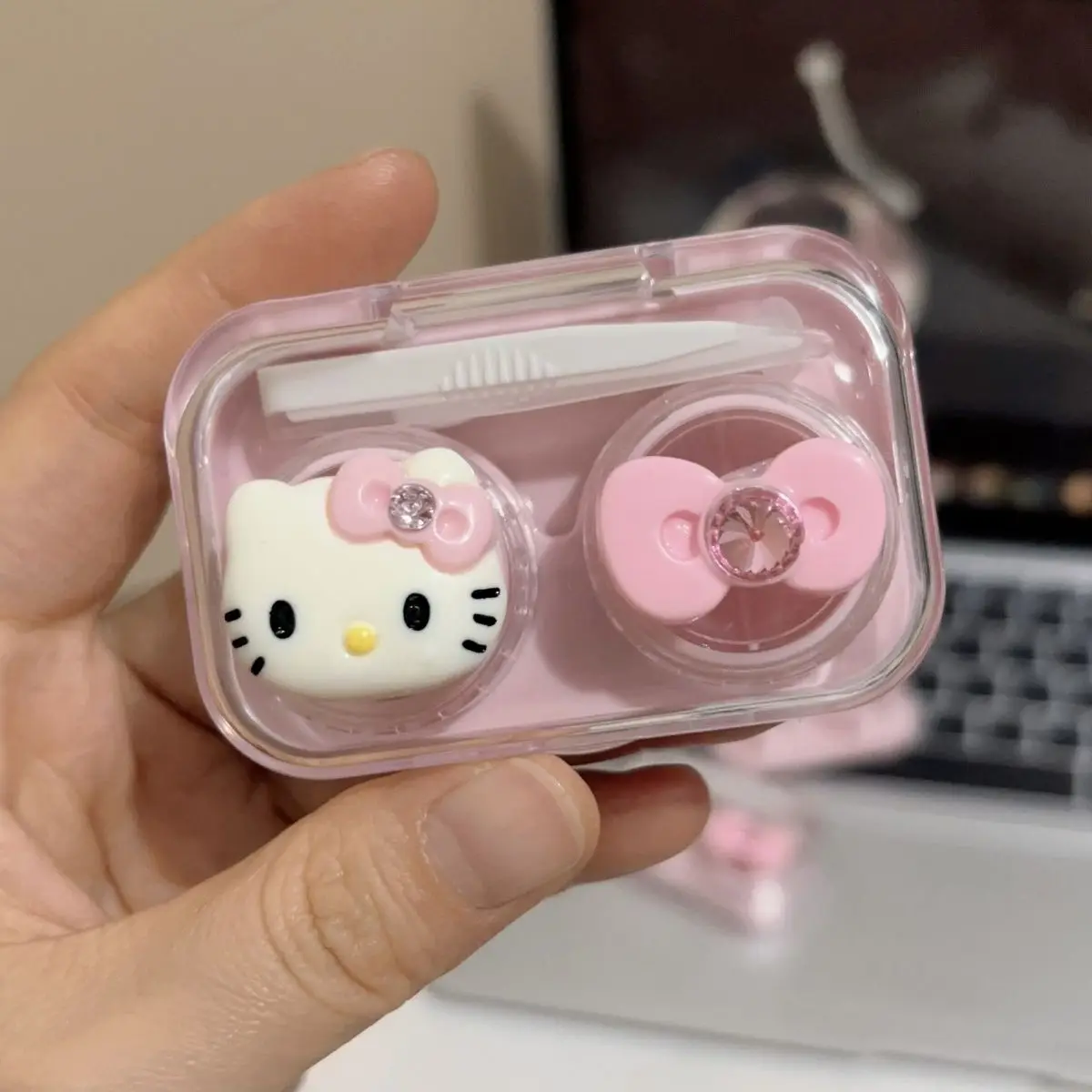 Kawaii Hello Kitty Cartoon Contact Lens Box Bow Square Contact Lens Companion Box Storage Box Decorative accessories Girl Gift