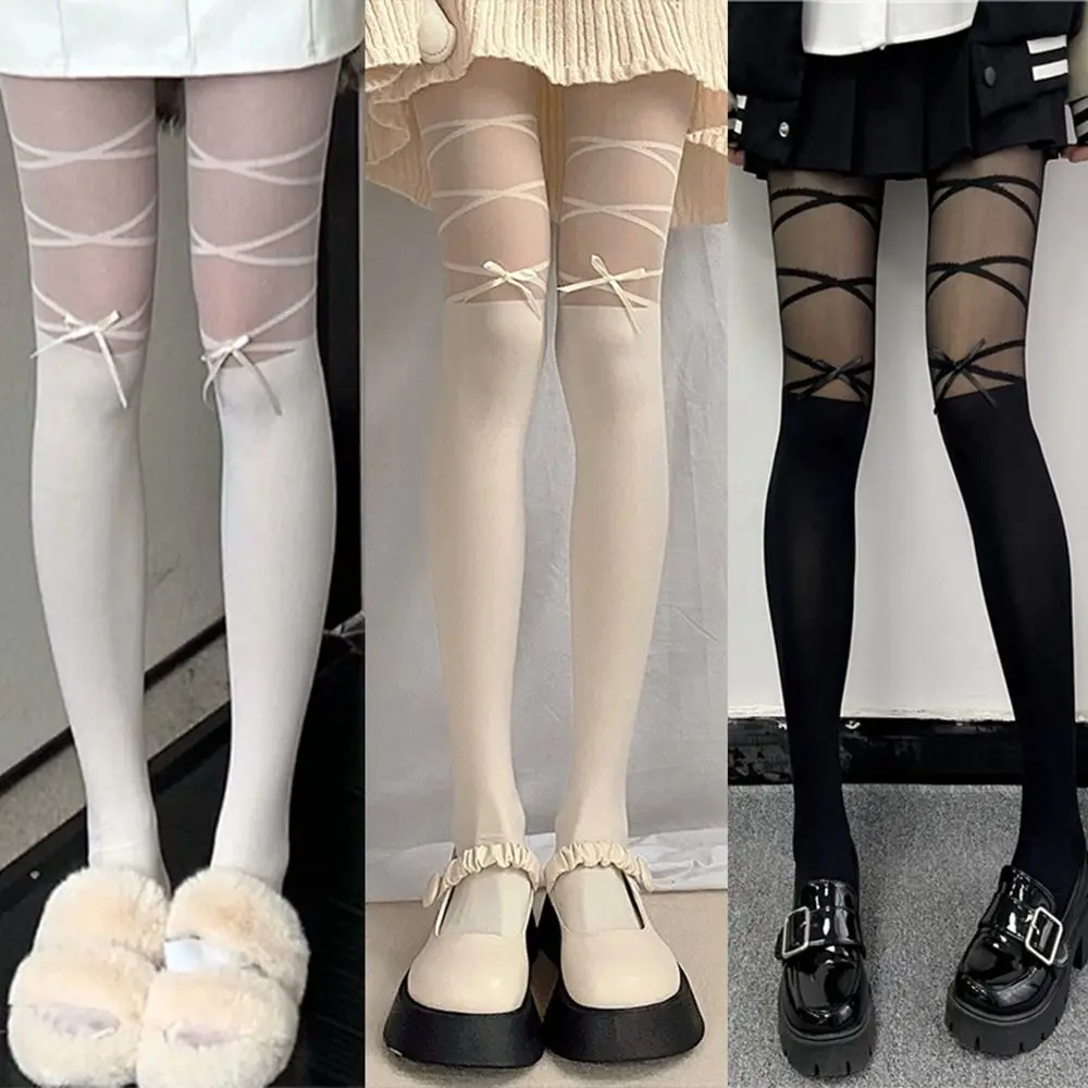 Fashion Polyester Bowknot Pantyhose Bowknot Thin Tights Stock Elastic Hollow Out Long Stocking Women