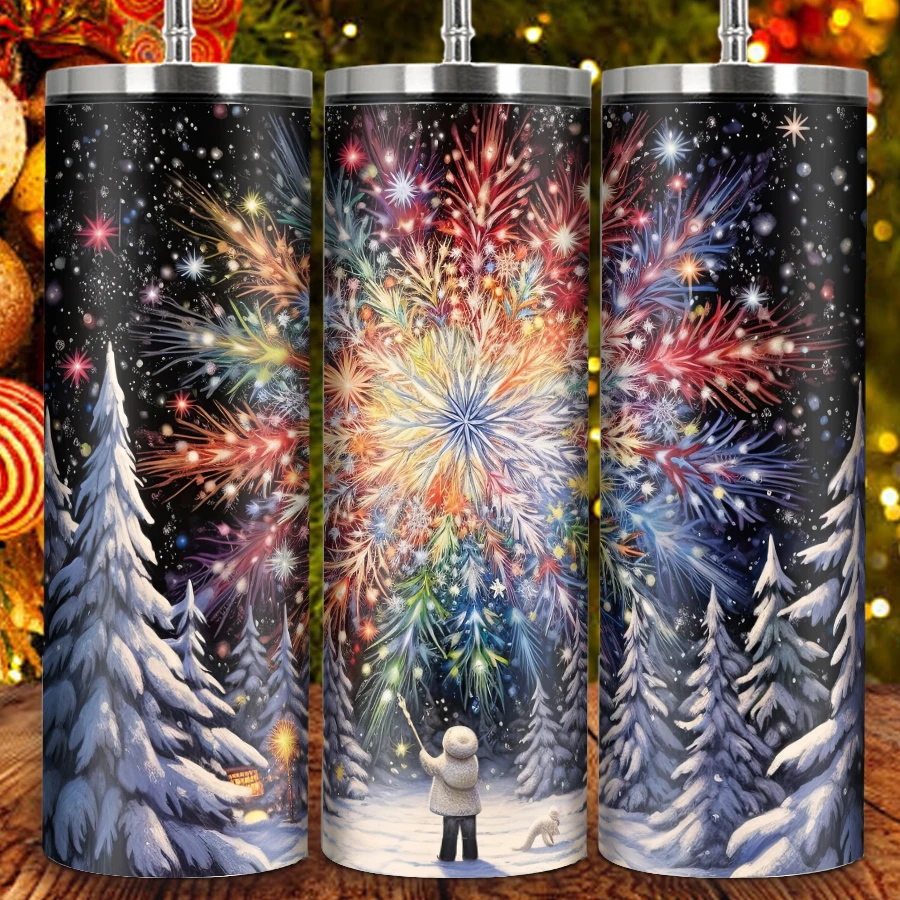 Christmas Water Bottle Straw Lid 1Pc 20oz Stainless Insulated Coffee Cups Print 3D Xmas Tree Firework Party Bottle Birthday Gift