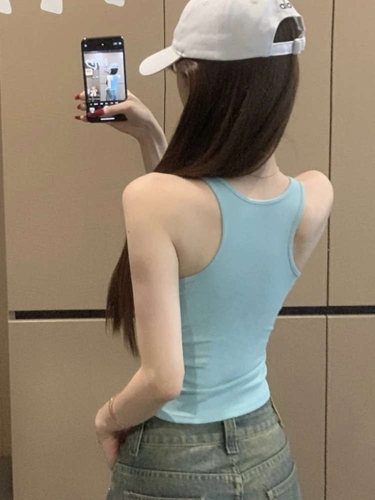 Korean Style Dopaamine Workbench Strap Vest Women Summer Integrated Chest Pad Sweet And Spicy Girl Outdoor Wear Slim Sleevele...