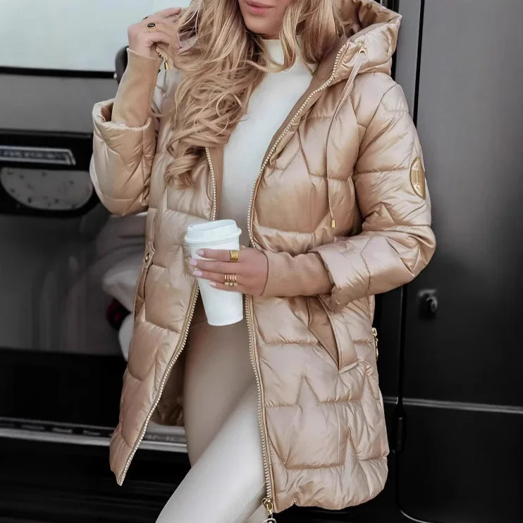 

2025 Spring Fashion Trend Womens Cotton Coat Hooded Jacket Mid Length Comfortable Casual Outerwear Three Zipper Puffer Design
