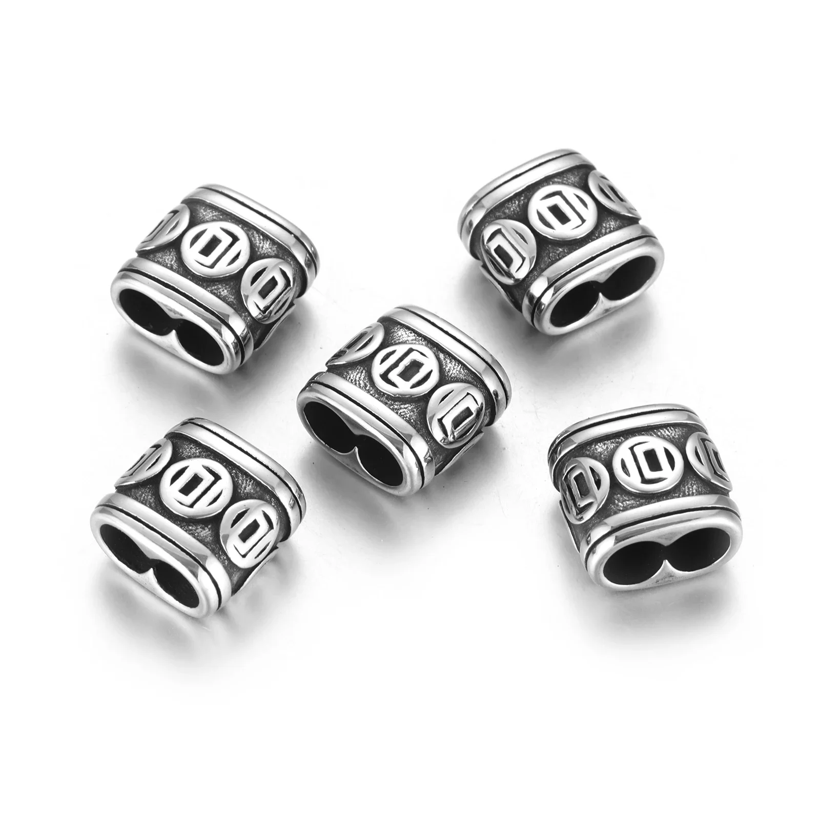 Stainless Steel Slider Beads Coin Patterned Double Hole 5mm for Leather Bracelet Making Jewelry DIY Slide Charm Accessories