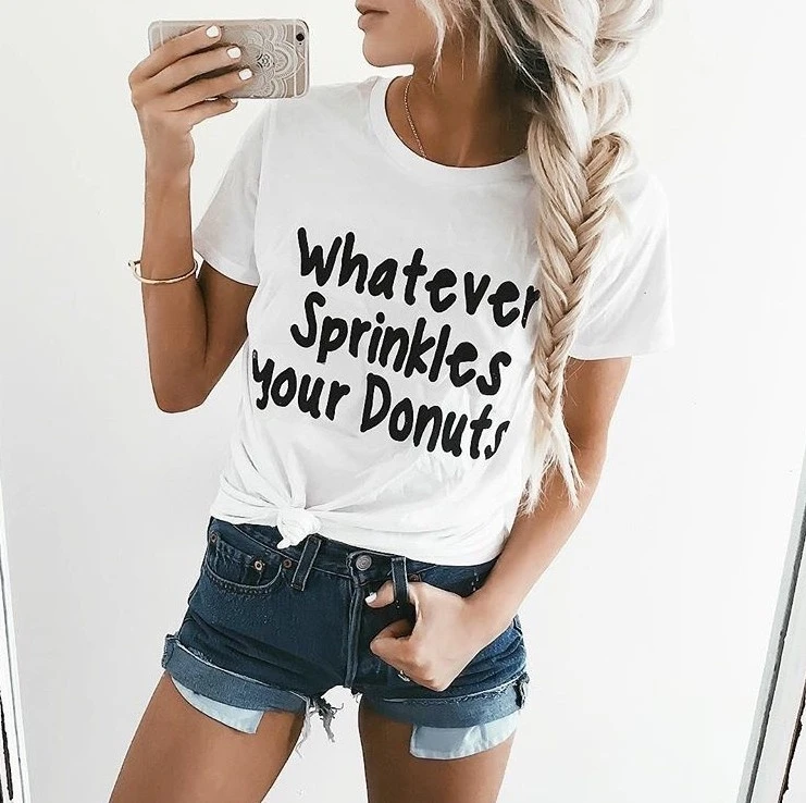 Sunfiz Women Tumblr Style Fashion White Tops Tee Whatever Sprinkles Your Donuts Letters Print Funny T Shirt