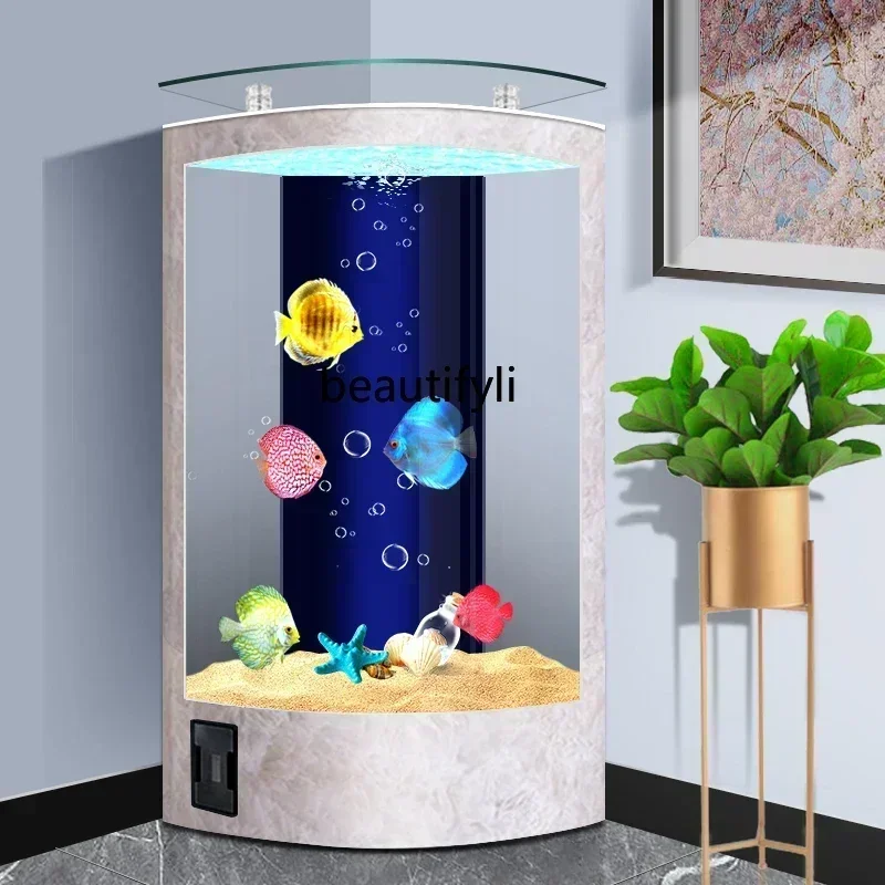 

S New Fan-Shaped Fish Tank Living Room Home Floor-to-Wall Aquarium Triangle Glass Ecological Fish Globe Back Filter