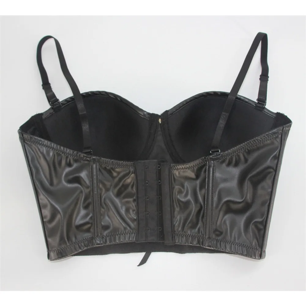 Women Glossy PU Leather Bra Corset Tops For Sex Hot Porn Half Cup Latex Halter Tops Adjustable Shoulder Strap Punk Corsets
