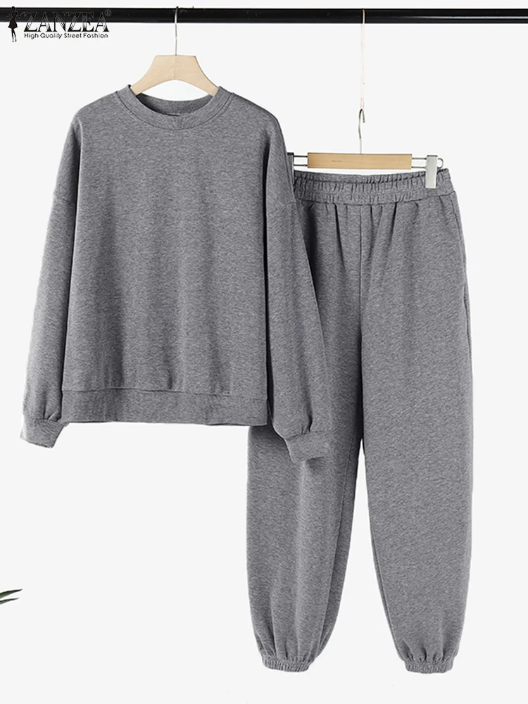 ZANZEA Casual Long Sleeve Sweatshirt Tracksuits Loose Autumn Streetwear Elastic Waist Sweatpant 2pcs Sets Women Solid Pant Sets