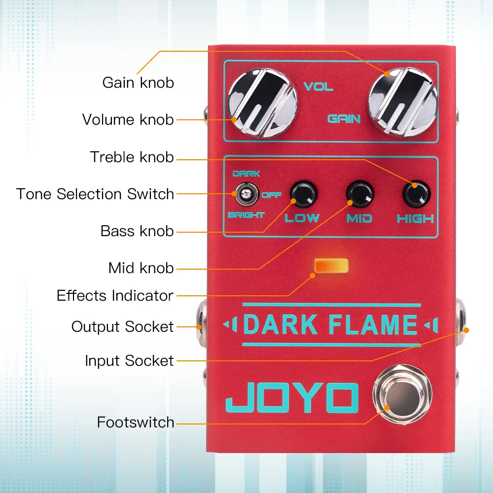 JOYO-R-17 Dark Smoke High Gain Distortion Guitar Pedal, 3 Band EQ, Metal para Riffs e Solos