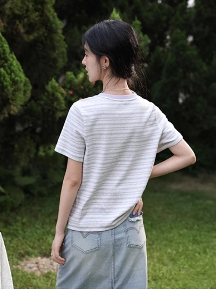 ALXNAN Plus Size vrouwen T-shirt Paars Ronde Hals Gestreepte Katoenen T-shirts Zomer Elegant Office Lady Korte Mouw Tops D12036