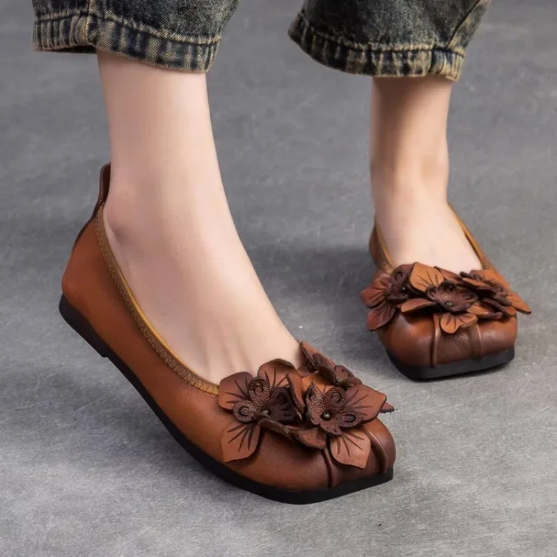 Square Toe Genuine Leathe Ballet Flats Women Vintage Loafers Middle Aged Woman Comfortable Moccasins Ladies Casual Driving Shoes