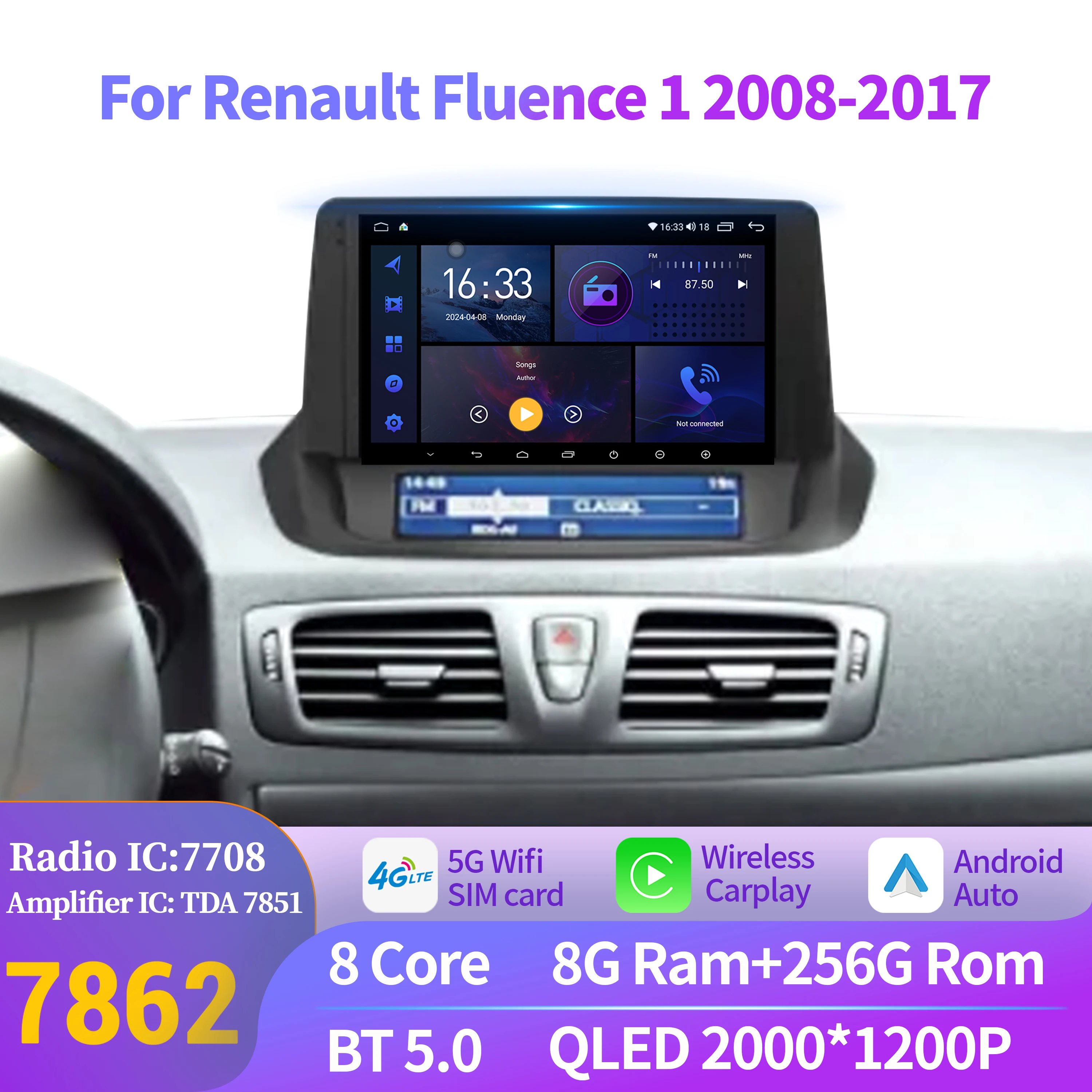 

Car Radio For Renault Fluence 1 2008-2017 Wireless Bluetooth Carplay Android 14 Multimedia 7862S 8+256 Head Unit 2K QLED Screen