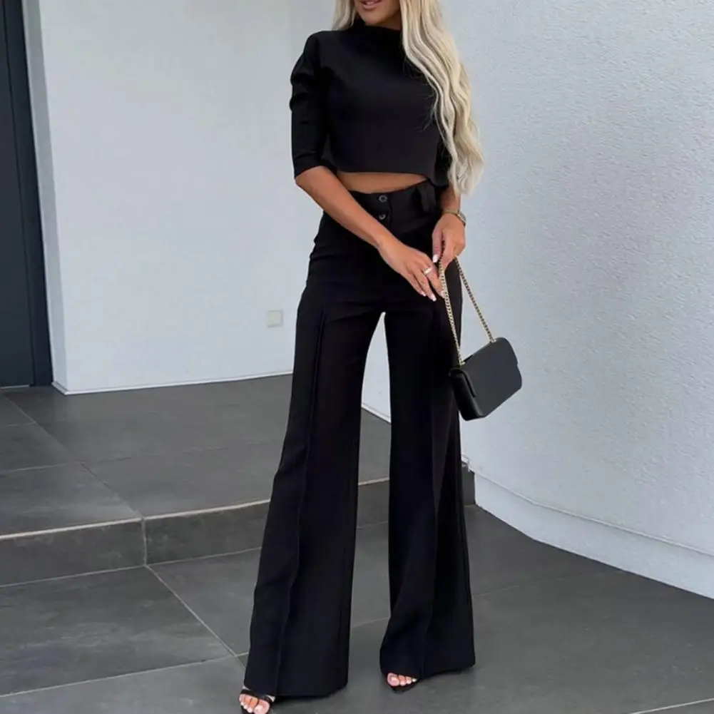 2 Pcs/Set Women Top Pants Suit Straight Wide Leg High Waist Pants Three-quarter Sleeve Crop Top Lady Commute Top Trousers Set