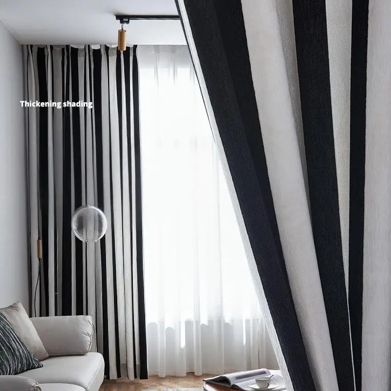 High-precision Blackout Bedroom Curtains, Classic Minimalist Black and White Vertical Striped Comfort Fabric Living Room Decor