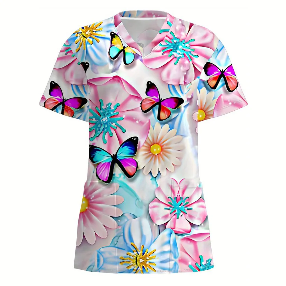 Women's Hospital Uniform Elegant Butterfly Print Obstetrics Nursing Tops V-Neck Micro-Stretch Short-Sleeved Tees Medical Clothes