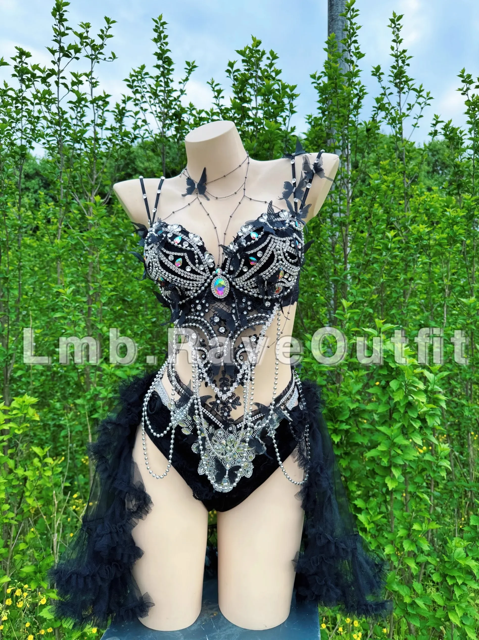 

Women Black Sparkling Diamond Bikini Outfits Singer Bar Nightclub Dance Stage Costume Party Rave Set Sexy Performance Clothing