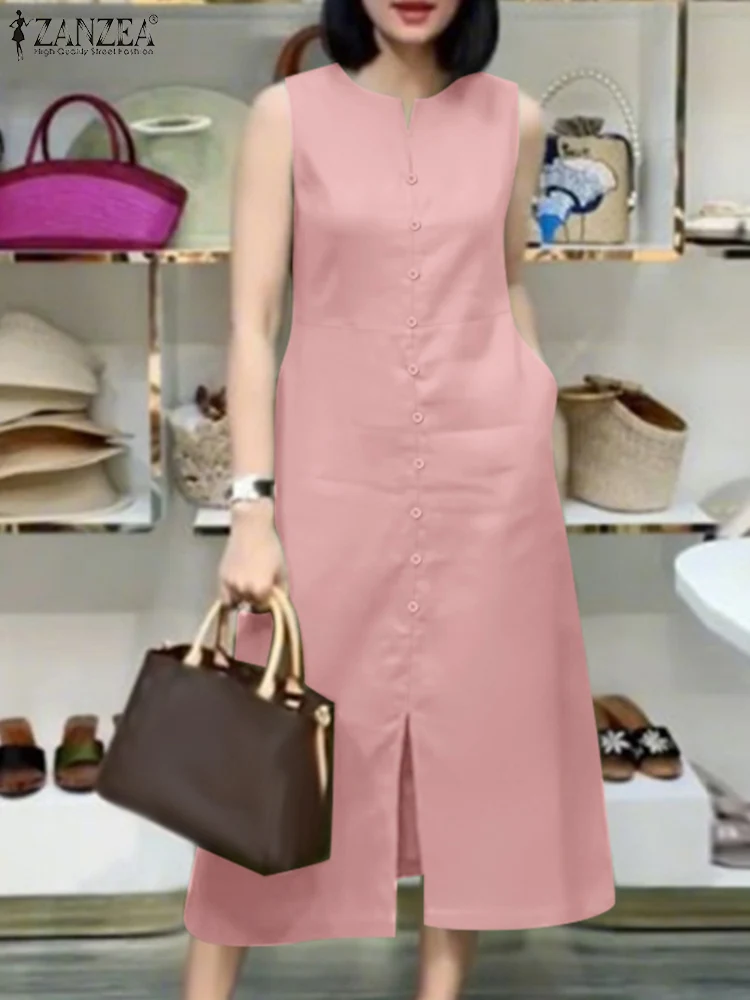 

ZANZEA Women's Solid Tank Dresses Slit Hem Commute Work V-Neck Sleeveless Vestidos 2025 Summer Casual A-line Midi Robes Femme