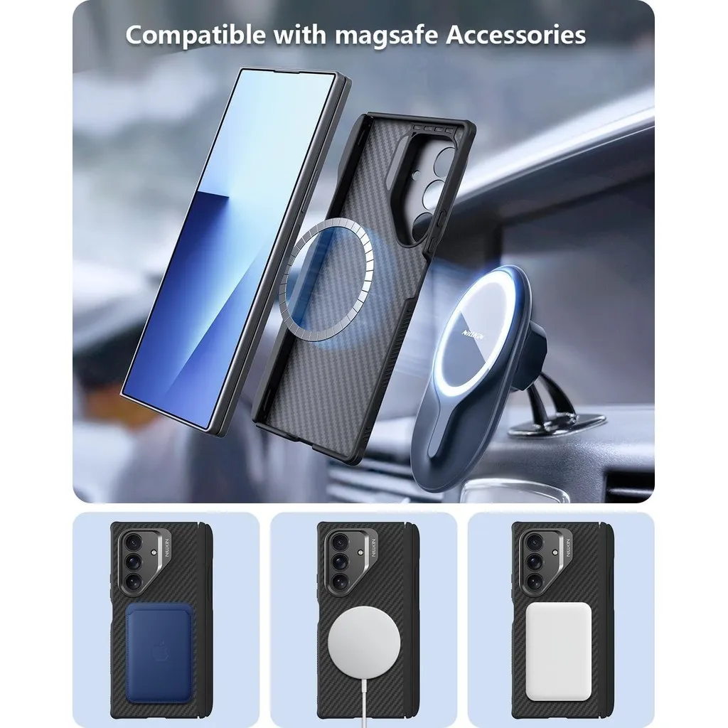 حافظة Nillkin رفيعة من ألياف الأراميد المغناطيسية لهاتف سامسونج جالاكسي Z Fold 7 W26 قلم كتابة مدمج وحامل قابل للتعديل وحماية المفصلي