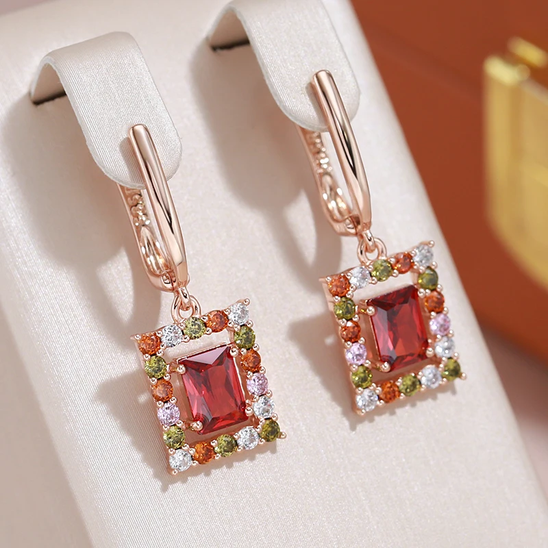 JULYDREAM Full Pave Multi Color Zircon Square Pendant Earrings 585 Gold Color Women Personality Jewelry Bling Ethnic Accessories