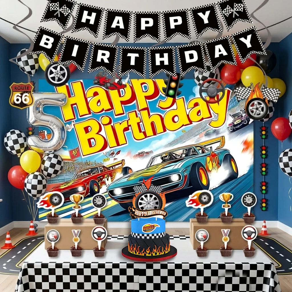 

Racing Theme Children's Birthday Party Decoration Set Digital Balloons Banner Sling Backdrop Cake Topper Baby Shower Decorations